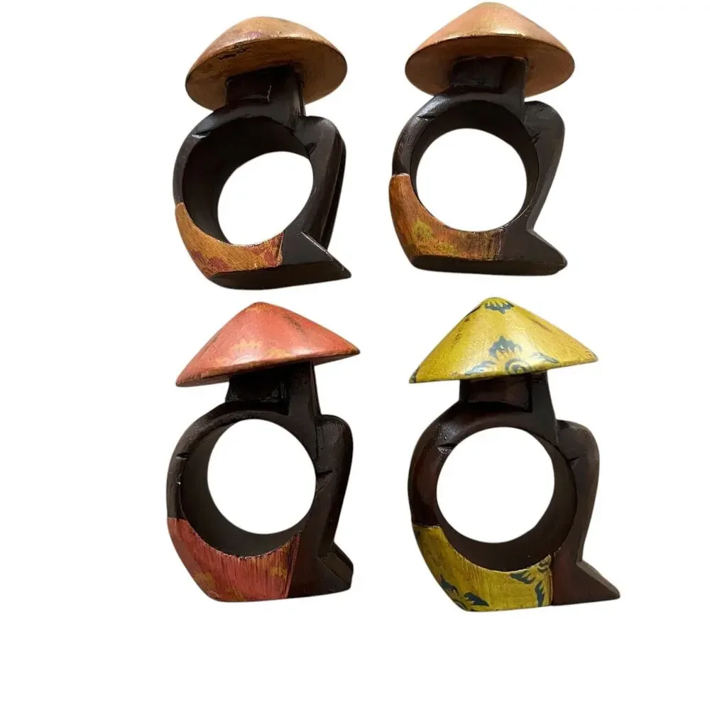 PIER 1 IMPORTS Wooden Carved Napkin Rings Asian SET OF 4 RICE HAT 1717-33